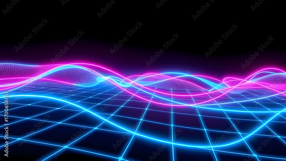 Naklejka premium Futuristic Neon Light Trails Background–Abstract Digital Glow in Blue and Pink Colors