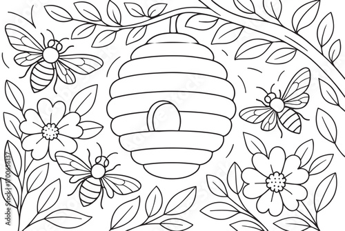hand drawn vector doodle illustration of Beehive coloring page for kids line art