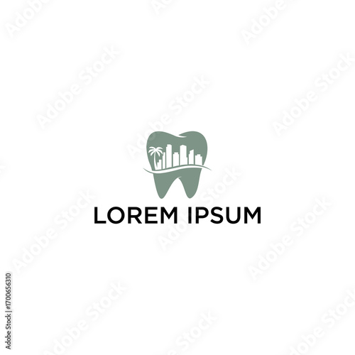 A dental logo featuring a tooth with a skyline and palm tree inside, representing a dental practice.