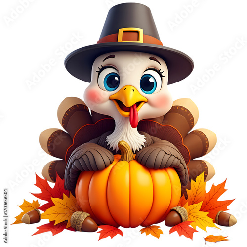 Cute cartoon turkey holding pumpkin thanksgiving autumn festive design transparent background