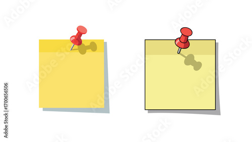 A set of two vector illustrations of yellow sticky notes pinned to a wall, one flat and one with an outline, representing reminders and messages.