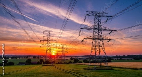 Thousands of Birds Fly Across the Dramatic Sunset Sky near Power Lines