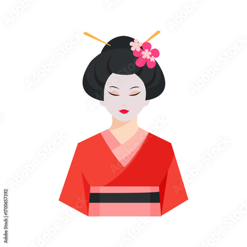 Artful Geisha Icon: An exquisitely rendered, stylized illustration of a traditional geisha, radiating an air of poise and grace, with a radiant, artistic flair.