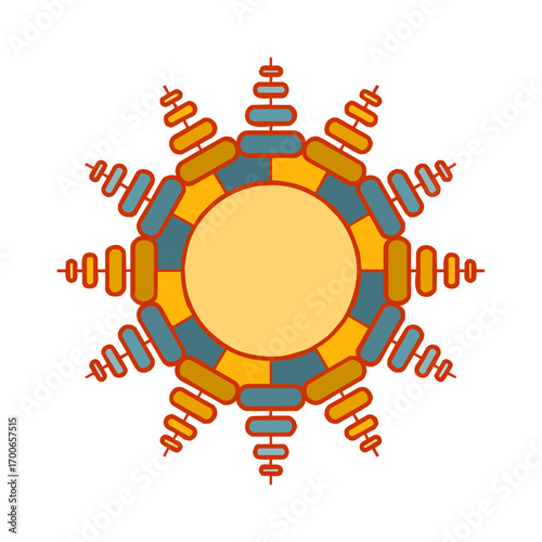 Geometric Ornament: A vibrant, eye-catching geometric ornament with a circular, radial design. Crafted with bold shapes and contrasting colors, the ornament provides an abstract pattern.