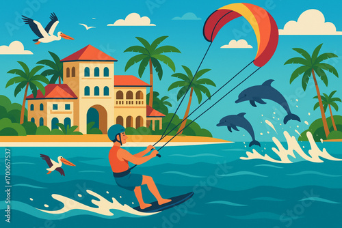 Tropical resort with person kitesurfing near pelicans and jumping dolphins