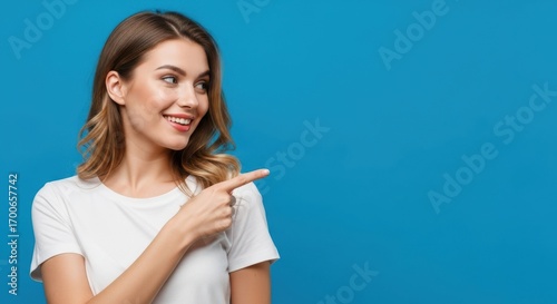 Attractive Woman Pointing With Her Finger Towards The Right Side