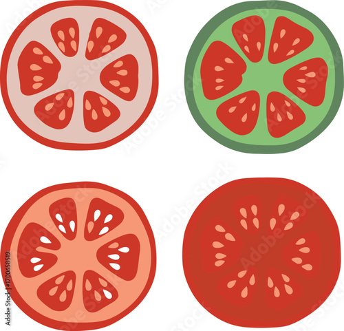 Assortment of Tomato Slices in Various Colors and Styles Keywords: tomato, fruit, vegetable, red, green, pink, orange, slice, outline, drawing, illustration, food, fresh