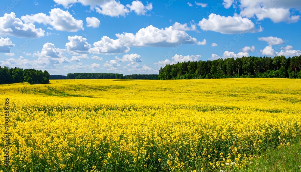Fototapeta premium Vast yellow field under a partly cloudy sky (1)