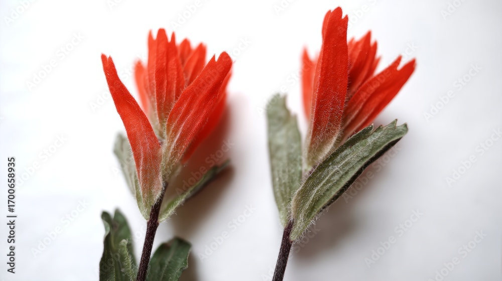 Fototapeta premium Vibrant red indian paintbrush flowers captured in macro detail against a clean white background with soft natural light illuminating their beauty