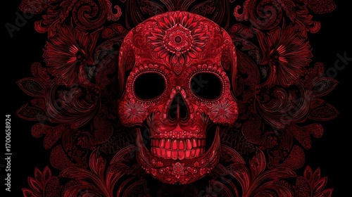 a red skull with a floral design on it
