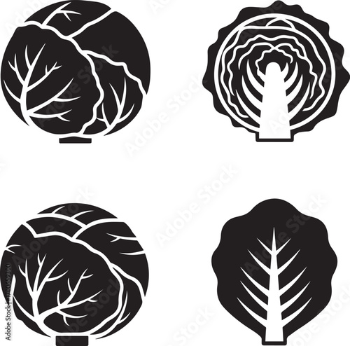 Black silhouette icons of whole and sliced cabbage on a white background vegetable food