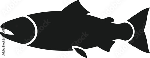 Black Silhouette of a Salmon Fish with Fins and Tail on White Background Keywords: salmon, fish, seafood, aquatic animal, marine life, ocean, river, swimming, wildlife
