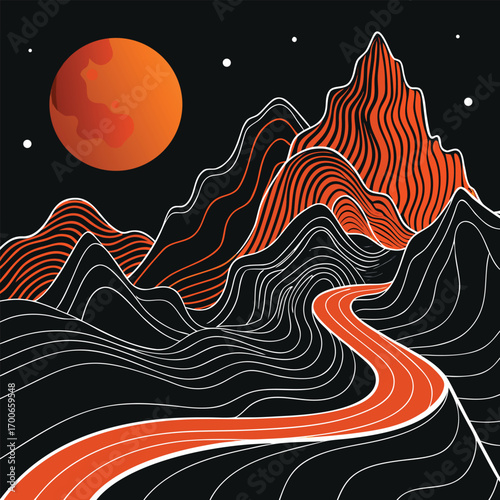 A line art of an abstract mountain landscape with a prominent red moon and a winding red river. 