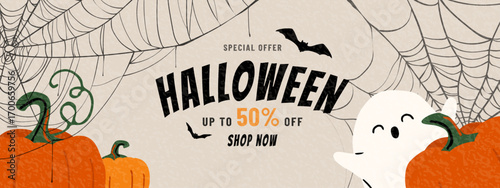 Halloween vector background. Trendy modern illustration with pumpkins, ghost, bat, spider web and typography design. Cute banner for sale, promotion, discount social media