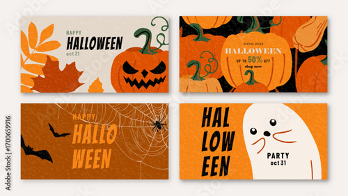 Halloween set vector background. Trendy modern illustration with pumpkins, ghost, bat, spider web, autumn leaves and typography design. Cute banners for sale, template social media