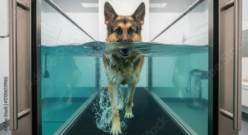 German shepherd dog exercising on an underwater treadmill, undergoing hydrotherapy for rehabilitation and fitness.