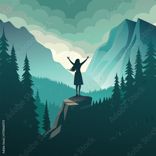 A person standing atop a mountain or cliff with their arms raised, stylized landscape of mountains and forests under a dramatic sky. 