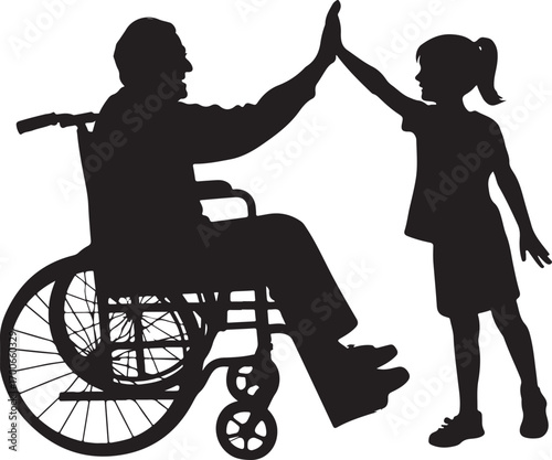 Silhouette of a man in a wheelchair giving a high five to a child girl