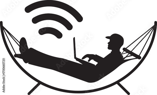 Silhouette of a person relaxing in a hammock using a laptop with Wi Fi signals lying down