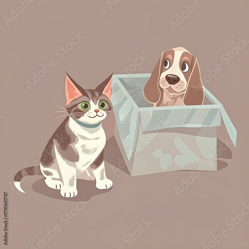 Adorable cartoon cat and dog illustration, kitten sitting next to puppy in gift box, pastel background, cute pet characters, digital art style
