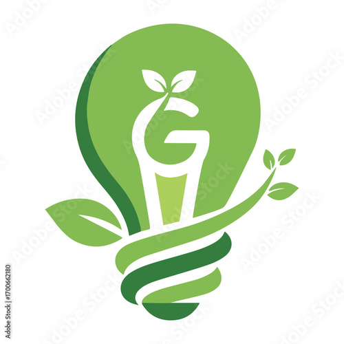 Green Light Bulb with Growing Plant and Letter G Symbol leaf sprout
