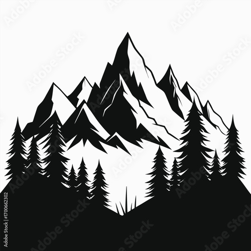 Vector of a Pine Trees and The Mountains Sketch on white background.