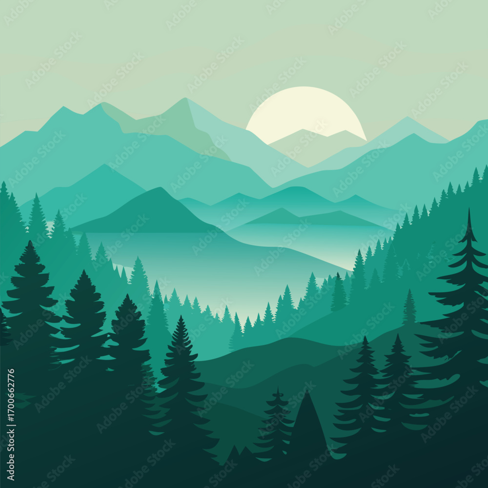 Fototapeta premium mountain landscape with trees, a vector of a landscape featuring a mountain range and a forest of evergreen trees under a rising or setting sun