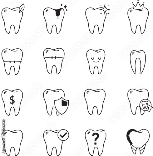 Hand- Drawn Outline Icons Representing Tooth Health and Dental Care on White Background teeth dentistry