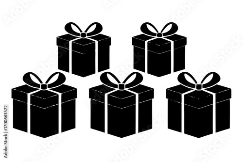 Five black gift boxes with bows arranged on a white background for holiday celebrations and special occasions creating a festive and minimalist design perfect for greeting cards and invitations