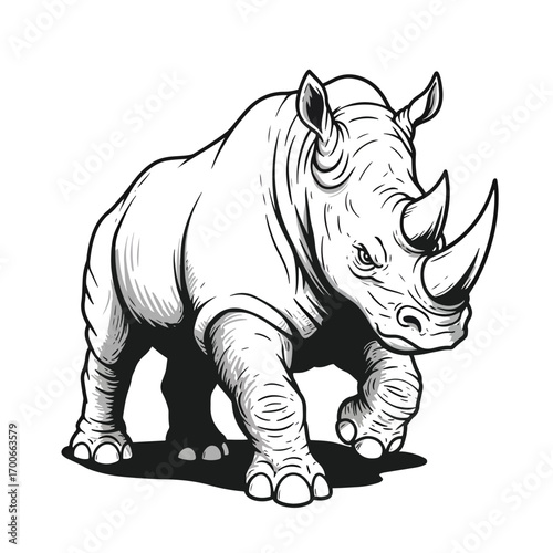 Powerful Rhino Illustration Detailed Black and White Vector Art.