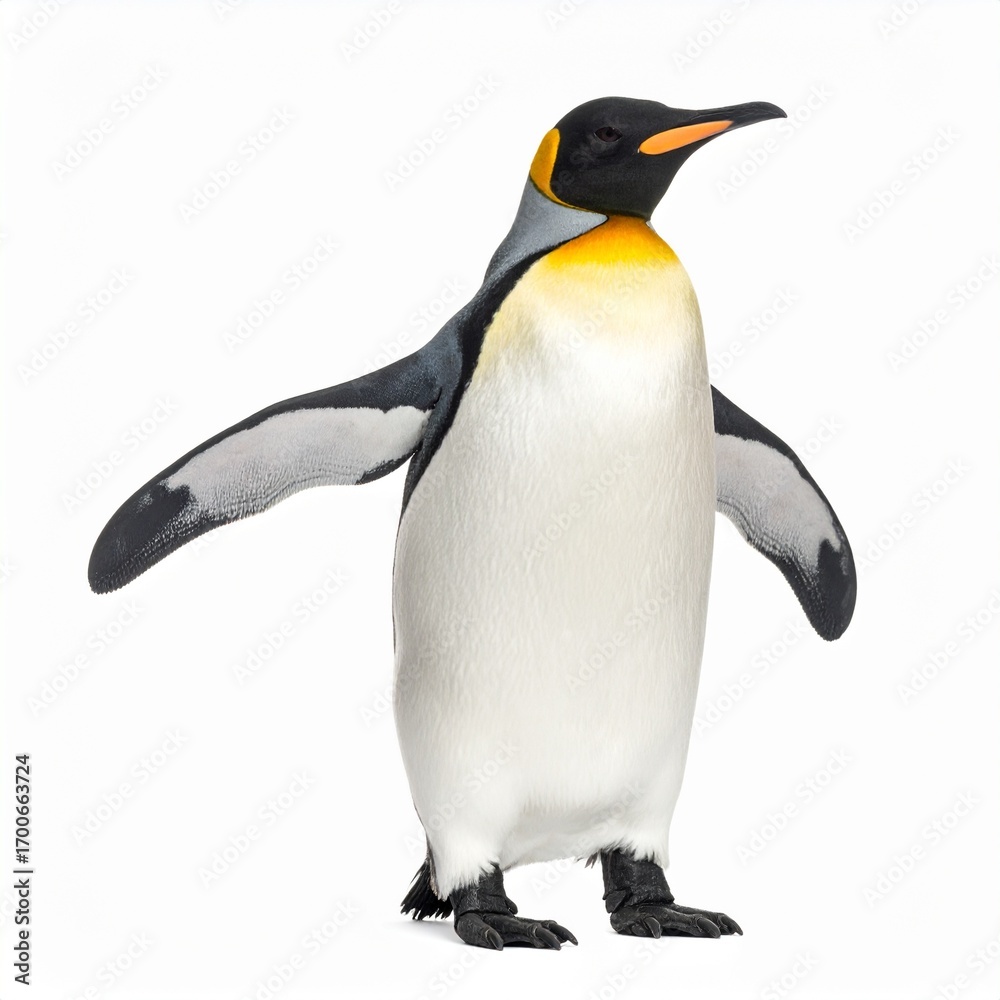 Fototapeta premium Majestic king penguin standing proudly with wings spread wide against a clean white background