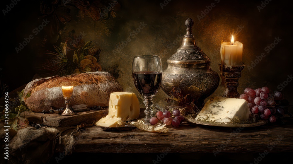 Fototapeta premium Baroque-inspired still life with overripe grapes, glossy apples, and golden pears arranged in a silver bowl