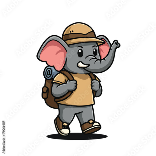 Cute elephant cartoon character wearing a hat and backpack ready for an adventure.