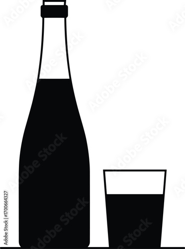  Black silhouette illustration of bottle and glass filled with drink, beverage container vector design for bar, restaurant, refreshment, alcohol, soft drink, and dining