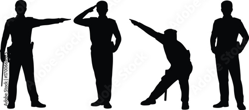 Black silhouette security guard standing, saluting, pointing, and directing, police officer vector illustration for law enforcement, safety, protection, patrol, and authority design