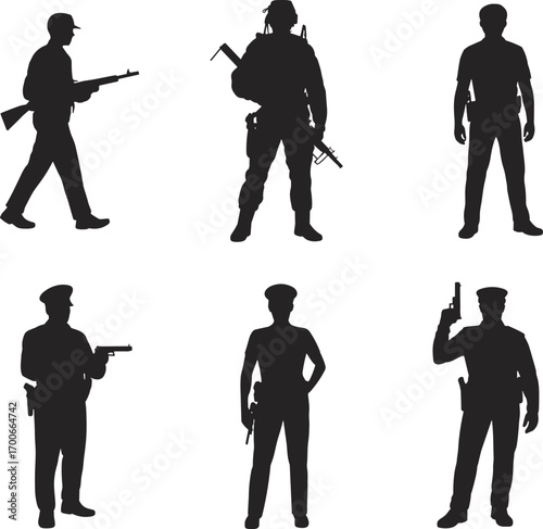 Black silhouette vector illustration of soldiers and police officers with guns, military and law enforcement security armed forces design for protection, defense, combat