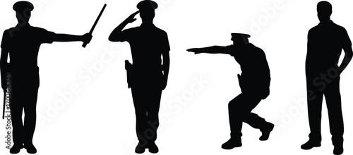 Black silhouette vector illustration of police officers in different poses with baton, salute, and command gestures, law enforcement security character design