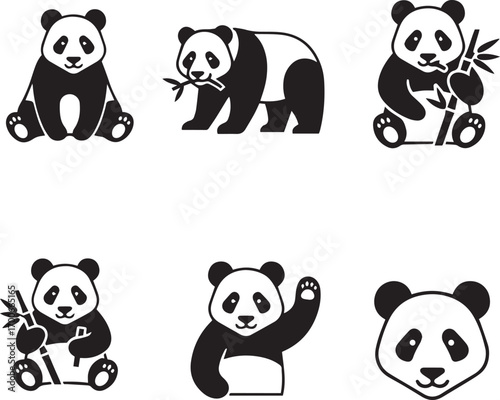 Six Black And White Stylized Panda Icons With Bamboo And Various Poses symbol animal