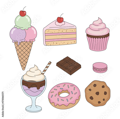 Dessert Sweets Cartoon Set Flat 2D Simple Vector
