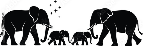 Elephant family silhouette vector illustration, wild animal design, safari wildlife art, nature clipart, mother and baby elephants, herd walking, jungle, savanna, Africa