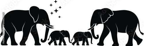 Obraz Elephant family silhouette vector illustration, wild animal design, safari wildlife art, nature clipart, mother and baby elephants, herd walking, jungle, savanna, Africa