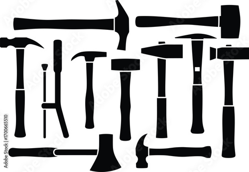 Hammer and axe silhouette vector set, construction tools illustration, woodworking and carpentry designs, repair equipment shapes, blacksmith tools collection, DIY hand tool artwork