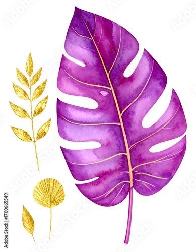 Watercolor tropical leaf design with gold accents