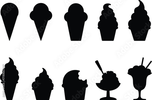 Ice cream silhouette vector illustration, dessert cone design, sundae cup graphic, frozen treat artwork, sweet food clipart, black ice cream icon set