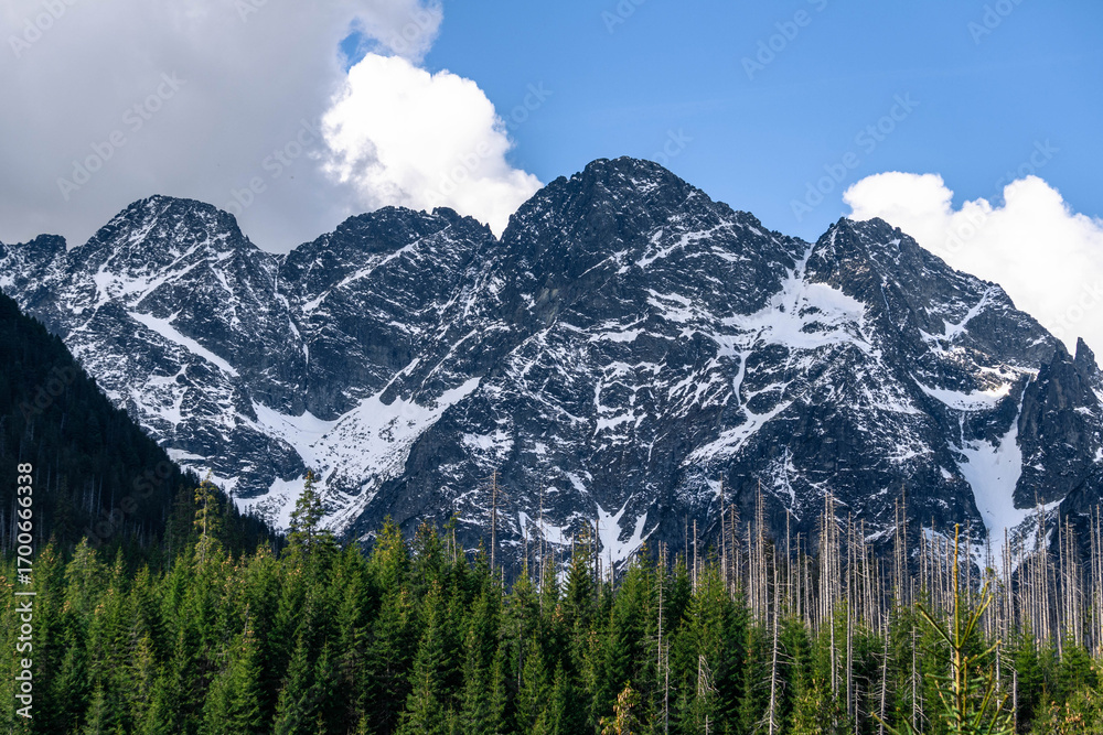Fototapeta premium rocky high snow covered mountains with cloudy sky landscape