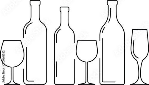 Minimalist wine bottles and glasses line art illustration, elegant black outline drawing, modern bar design, vector graphic for restaurant, celebration, and drinks concept.