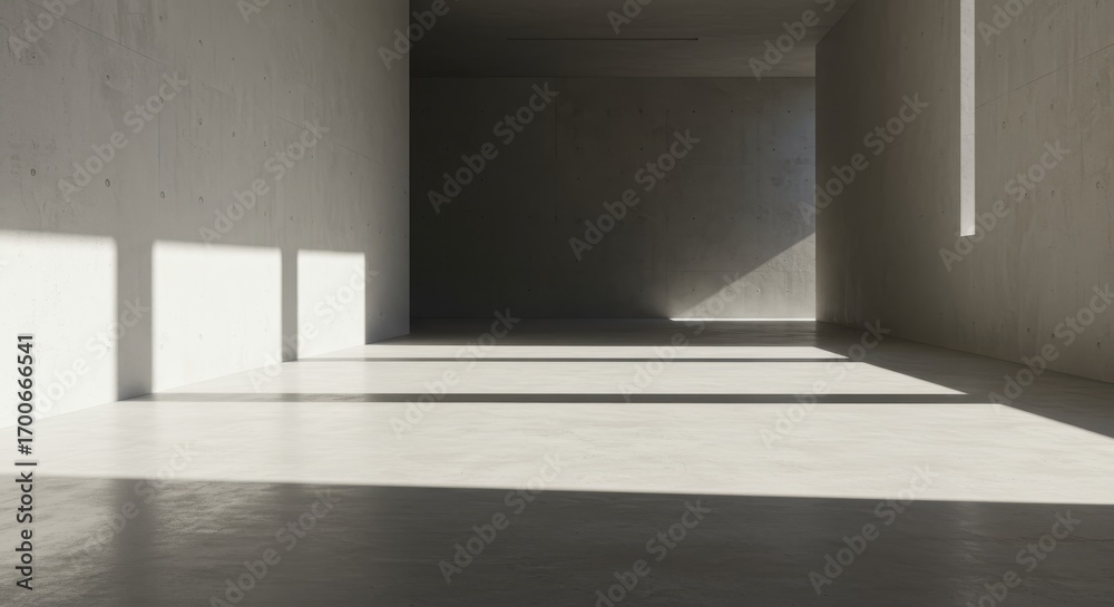 Fototapeta premium A sunlit, minimalist interior space showcases long shadows stretching across a light-colored concrete floor.