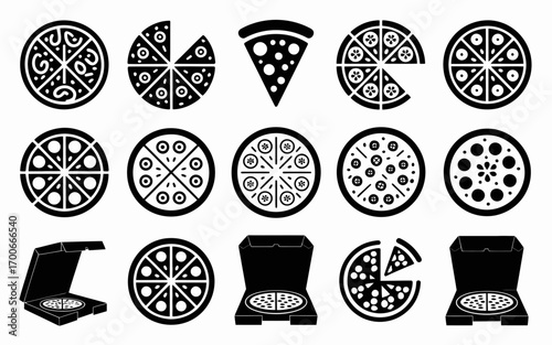 Vector art of set of pizza icons in black silhouette