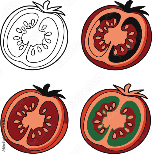 Tomato Halves and Slices with Outline and Color Variations Keywords: tomato, fruit, vegetable, red, green, slice, half, outline, drawing, illustration, food, fresh, ripe
