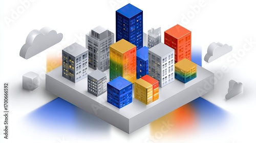 A collection of colorful, isometric 3d buildings and clouds, representing a modern cityscape or urban development, isolated on white background.